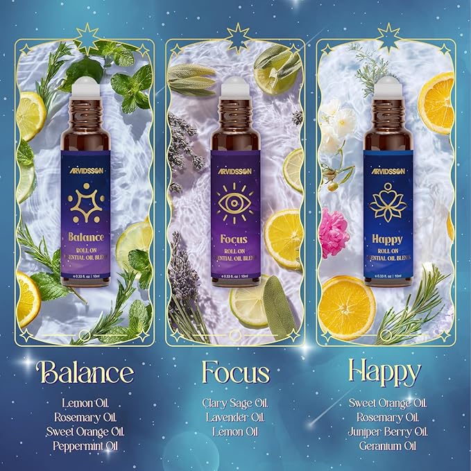 ARVIDSSON Essential Oils Roll On Set, Natural Self Care Essential Oil Blends Gift for Women - Sweet Dream, Unwind, Breahte, Balance, Focus, Happy, Aromatherapy Oil Roller for Body, Massage