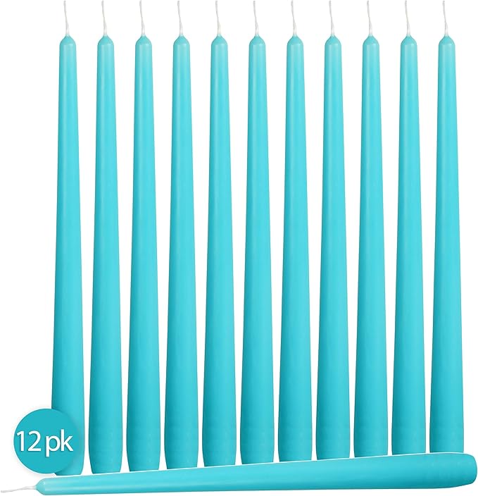 Hyoola Tall Taper Candles - 10 Inch Turquoise Dripless, Unscented Dinner Candle, Paraffin Wax with Cotton Wicks - 8 Hour Burn Time, Blue (Pack of 12)