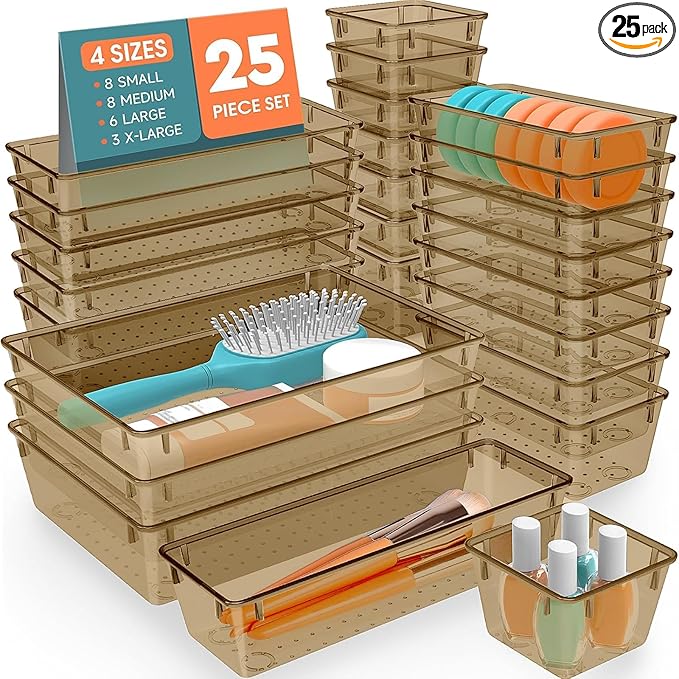 SpaceHacks 25 PCS Plastic Drawer Organizer Set, 4-Size Versatile Organizer Trays & storage Bins for Makeup, Jewelry, and Gadgets in Bathroom, Bedroom and Office,Champagne