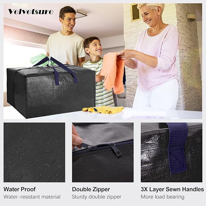 VELVETSURE Heavy Duty Extra Large Moving Bags W/Backpack Straps - Strong Handles & Zippers, Storage Totes For Space Saving, Fold Flat, Alternative to Moving Box and Storage Bin (Set of 6, Black)