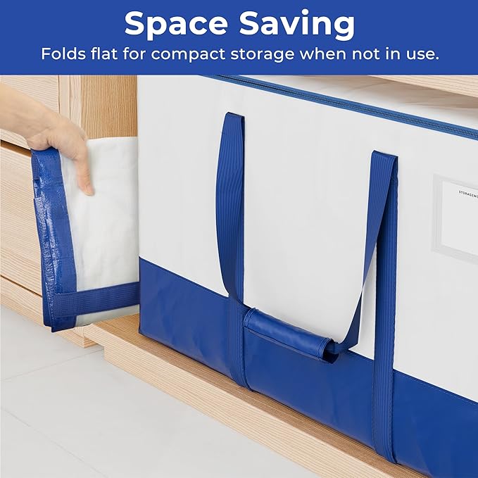 StorageWorks 6 Pack Extra Large Lidded Storage Bins, Moving Bags with Lid, Heavy Duty Storage Packing Tote for Clothes, Collapsible Moving Supplies with Reinforced Handles, White and Blue