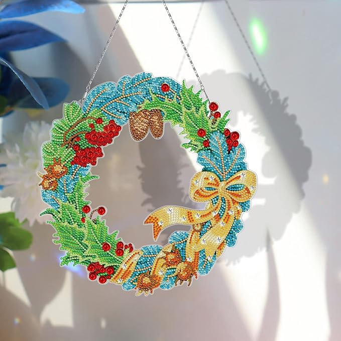 5D Diamond Art Spring Wreath with LED Light String DIY Summer Wreath Diamond Art Painting Hanging Ornaments Special Shaped Crystal Paint by Number Embroidery Kits Front Door Garden Spring Decorations