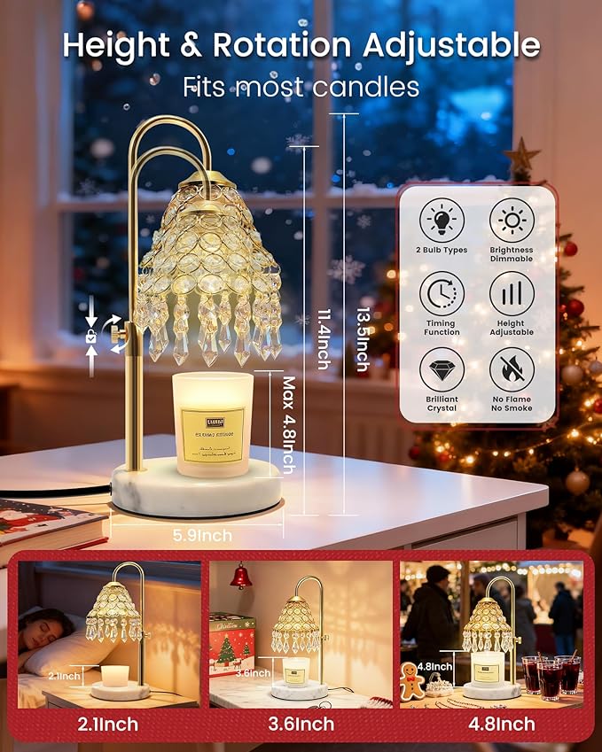 Crystal Candle Warmer Lamp with Timer and Dimmer - 2-in-1 Electric Wax Melt Burner & Dimmable Table Lamp, Adjustable Height Stand, White Marble Base, Birthday Gifts for Women, Elegant Home Decor
