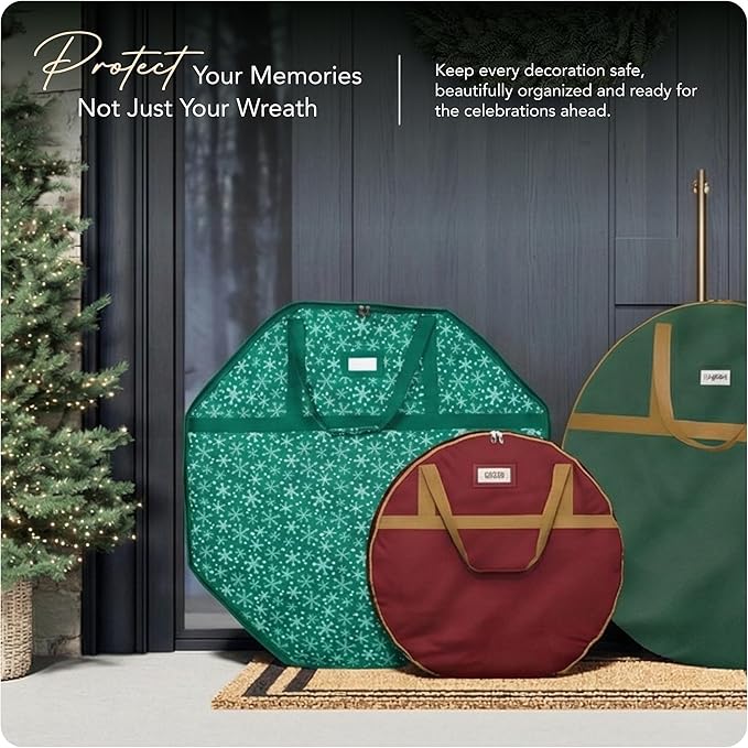Covermates Keepsakes Deluxe Wreath Storage Bag – Heavy-Duty Polyester with Buckle Strap & Structured Interior – Protective Holiday Organizer with Handles, D-Ring & Label Window, Green Snowflake