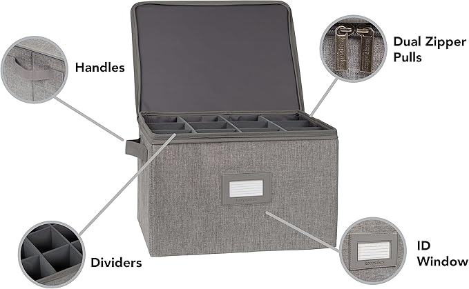 Covermates Cup and Mug Storage Box with Dividers, Stackable Organizer for Coffee Mugs & China Cups, Heavy-Duty Polyester with Handles, Zipper Closure & ID Window, Grey Heather