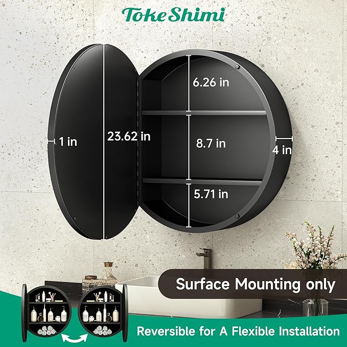TokeShimi 24 x 24 Round Medicine Cabinet with Mirror, Black Medicine Cabinet, Circle Bathroom Mirror with Storage, Shatterproof with Metal Frame, Detachable Shelves, Wall Mounted Only