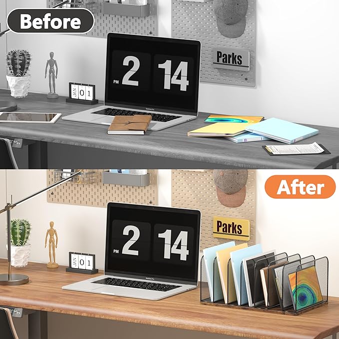 Piskyet Wooden Desk File Organizer, 7-Section Vertical File Folder Holder Stand,Metal Mail Paper Chromebook Organizer for Teacher Desk Office Classroom Desktop Organization