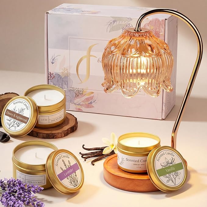 Funistree Candle Warmer Lamp Gift Set with 3 Jar Candles & Gift Box, Gifts for Women Christmas Birthday, Mom Sister Friend Gift, Lavender, Vanilla, Ebony, 2 Bulbs
