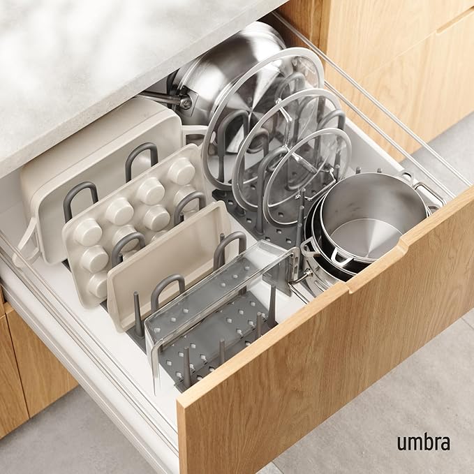 Peggy Kitchen Drawer Cupboard Organizer Tray - Adjustable Storage System For Food Containers, Cookware, Serveware, Utensils and More, Large, Grey