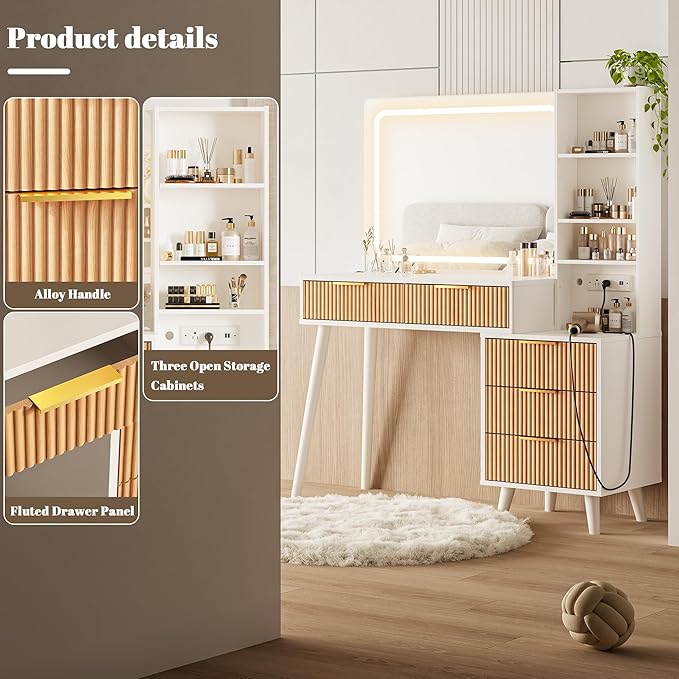 Vanity Desk with Mirror and Lights, Makeup Vanity Desk with Power Outlet, Makeup Desk with 5 Drawers Storage Shelves, Vanity Table 3 Color Modes Adjustable Brightness Dressing Table Set for Bedroom