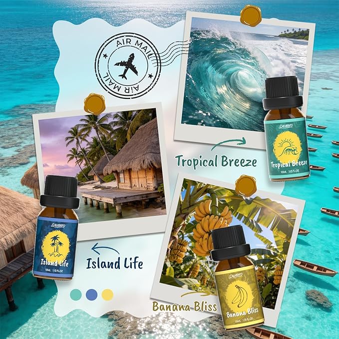 SALUBRITO Hawaii Fragrance Oils Set, Summer Essential Oils for Diffuser, Candle, Soap Making, Tropical Breeze, Island Life, Banana Bliss, Twilight Grape, Coconut Coast, Golden Sunrise Scented Oil