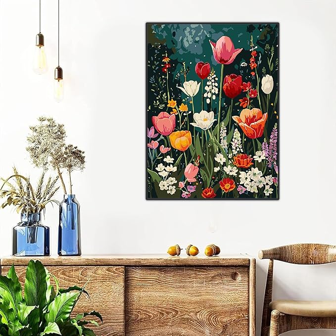 Meothan Framed Paint by Numbers Kits for Adults, Flowers Paint by Numbers Kits on Canvas with Easel for Home Wall Decor 11.8x15.7inch (30x40cm)