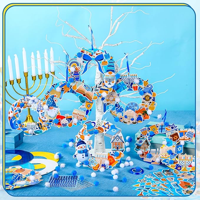 Hollowfly 48 Sets Hanukkah Wreath Craft Kits DIY Menorah Hanging Ornaments Make Your Own Hanukkah Craft with Stickers for Home Party DIY Activities