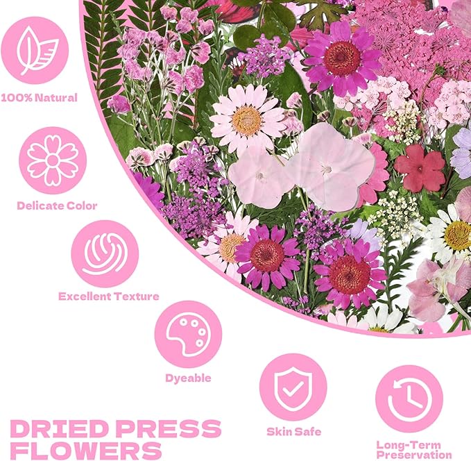 CONVELIFE Dried Flowers for Resin 116Pcs, Pink Real Natural Pressed Flowers with 10 Butterfly Stickers, Dried Leaves kit for Scrapbook Supplies Card Making Resin Jewelry Soap Candle DIY Crafts