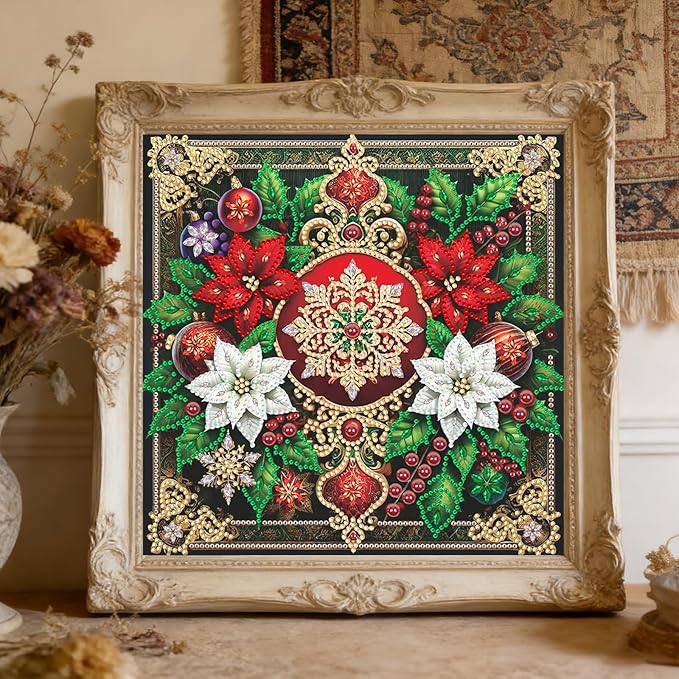 Xmas Flower 5D Special Shape Diamond Art Kits for Beginners, Christmas Winter Theme Diamonds Painting Kits for Adults,DIY Crystal Rhinestones Diamond Paintings for Home Wall Decor 12×12Inch