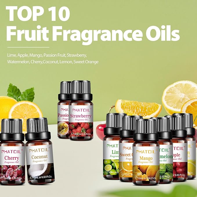 PHATOIL 10Pcs Fruity Fragrance Oil Set, Coconut, Cherry, Apple, Strawberry, Mango Oils for Candle Making, Freshie Scents for DIY Soap Making, Diffuser Oil Scents Set