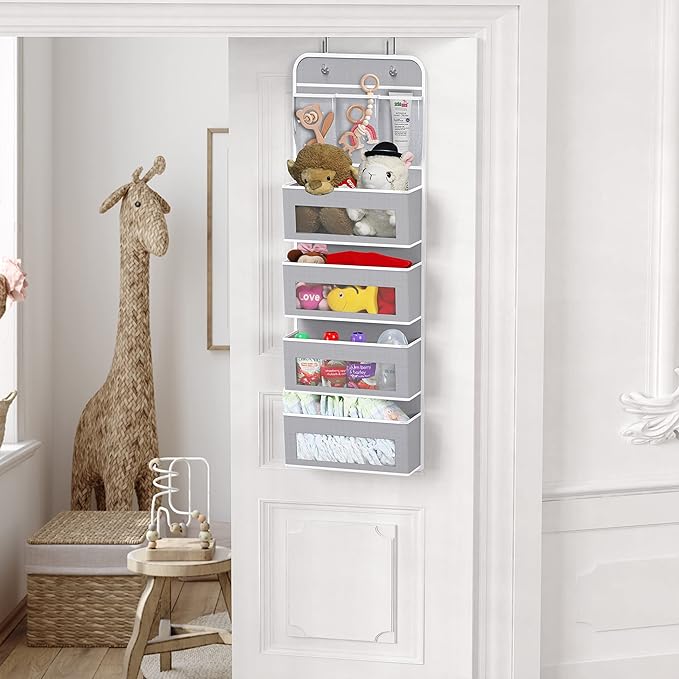 Simple Houseware 4 Clear Window Pocket Over Door Storage Hanging Organizer with 3 Clear Pockets for Bedroom, Bathroom, Pantry, Gray
