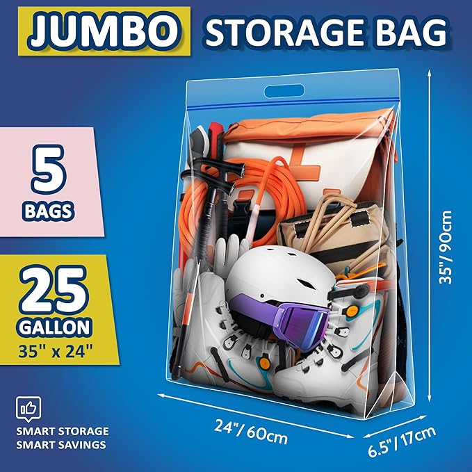 25 Gallon Extra Large Resealable Storage Bags with Zipper Top，35" x 24" Heavy Duty Clear Bags with Handles, 4 Mil Thick, Perfect for Clothing, Pillows, Travel, and Moving (5 Packs)