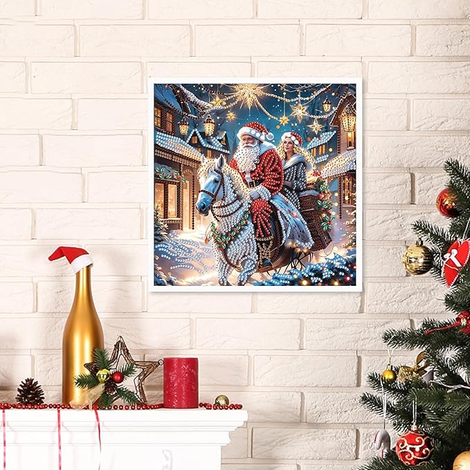 5D Special Shape Christmas Diamond Painting Kits for Adults, Santa Claus and Companion Riding Through Dreamy Fairytale Town, Crystal Rhinestones Diamond Art Canvas for Home Wall Decor Gift, 12×12 Inch