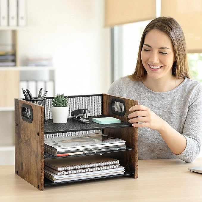 Desk Organizer - 3 Tier Wood & Metal Mesh Desktop Organizer for Office, Home, School, Workspace, Office Desk Organzier for Papers, Mail, Notebooks, Stationery