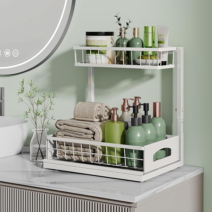 Under Sink Organizer, 2 Pack Cabinet Organizer for Kitchen, Height Adjustable Pull Out Heavy Duty 2 Tier Metal Under Sink Storage for Bathroom Pantry (White, 2 Pack)