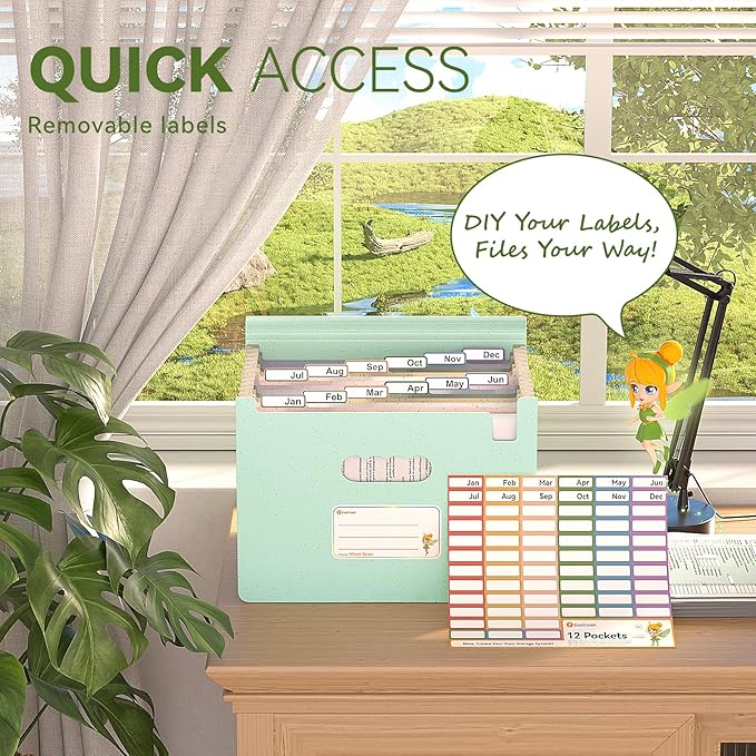 EcoStash Accordion File Organizer, 12-Pocket Wheat Straw Expanding File Folder, Portable Monthly Bill & Tax Receipt Organizer, Letter/A4 Size Document Holder with Colorful Tabs-Mint Green