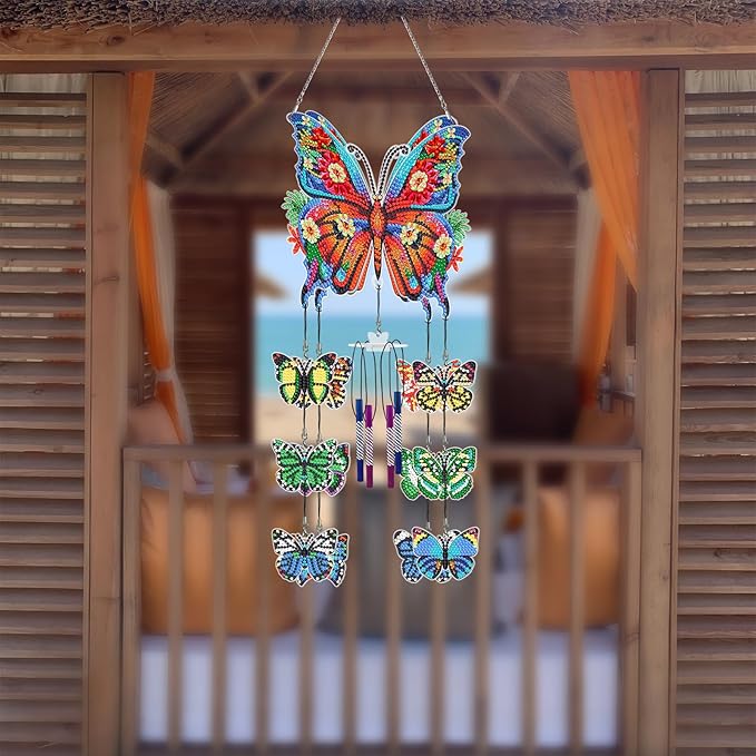Butterfly Gem Art Wind Chime 5D DIY Kits Butterfly Diamond Art Painting Wind Chimes Hanging Ornaments Double Sided Special Shaped Crystal by Number Mosaic Wind Chime Pendant for Yard Tree Patio Decor