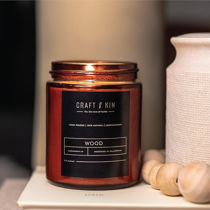 Craft & Kin Scented Candles for Men | Premium Wood Candle | All-Natural Scent for Home | Long Lasting Holiday Candles with 45 Hour Burn Time, 8oz
