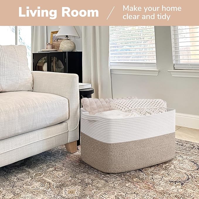 Goodpick Large Blanket Basket 22" x 17" x 12" Woven Storage Baskets for Organizing, Rectangle Cotton Rope Basket for Living Room Bedroom, Toy Baskets Storage Kids, White & Brown