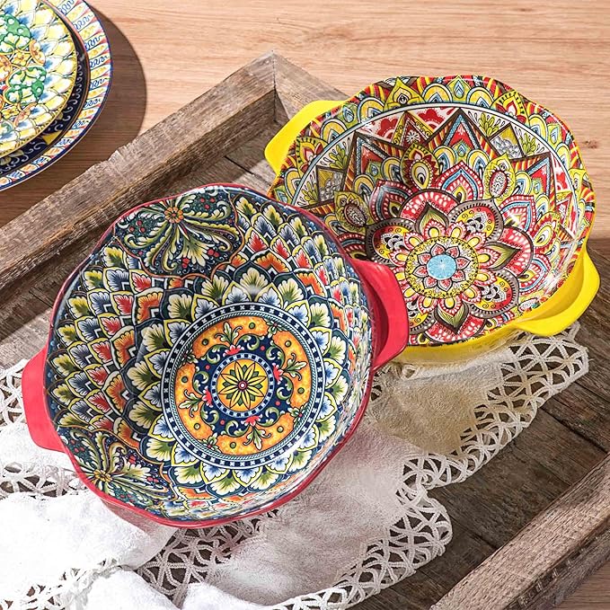 Henten Home Bohemia Large Bowls with Handle, 49 oz Ceramic Soup Bowl Set of 2, Porcelain Pho Bowl, Floral Noodle Bowls Set for Kitchen, Ramen, Udon, Microwave & Dishwasher Safe