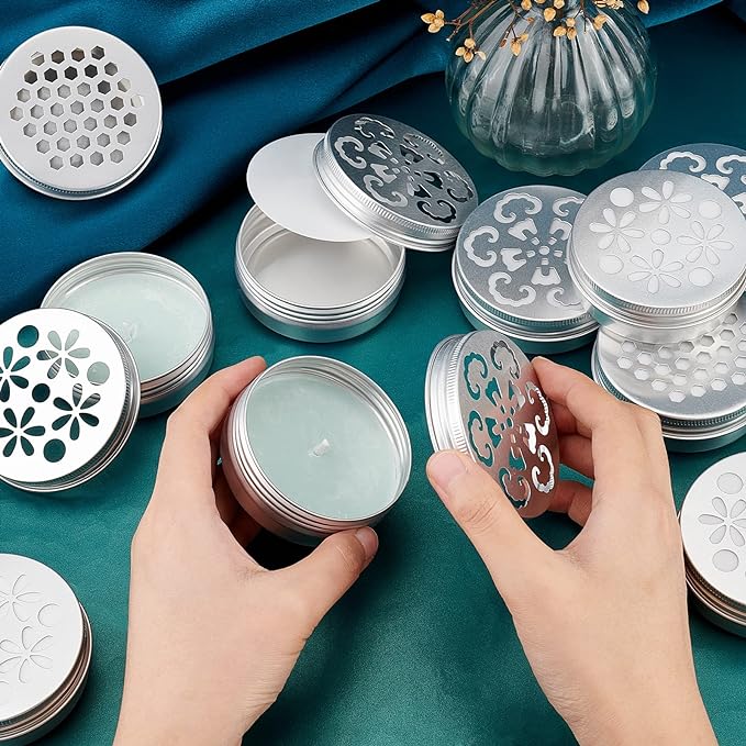 PH PandaHall 2 Ounce Aluminium Tins, 12pcs 3 Styles Empty Storage Containers with Hollow Lids 60ml Screw Lid Round Jars Sample for Aromatherapy Air Freshener Candles Travel Storage