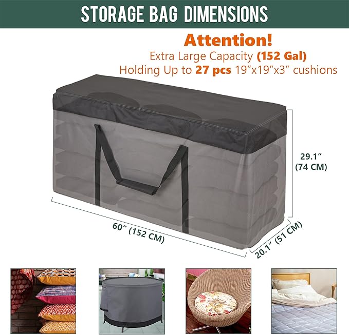 Rachmi 2 Pack Cushion Storage Bag (152 Gal x2) 60 Inch with Zipper & Padded Handle, Outdoor Oversized Heavy Duty 600D Water-Resistant Moving Bag, (60" Wx20 Dx29 H, Extra Large)