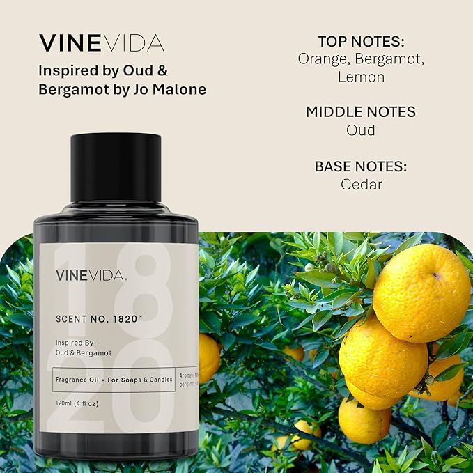 VINEVIDA [32oz] Oud & Bergamot Fragrance Oil for Candle Making - Natural Candle Oil Scents - Soap Making Essential Oil - Made in USA