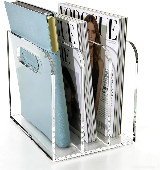 Acrylic Magazine File Holder, 3 Vertical Compartments Desk Document Sorter Organizer, Clear Folder Rack Binder for Office/Documents/Classroom, for Home, Tablet, Magazines, Books & Accessories