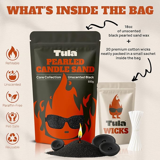Tula Pearled Candle – 18 oz Pearled Candles Sand and 20 Wicks Kit – Plant-Based Pearled Wax – No Paraffin and Pet-Friendly – Unscented Refillable Candle Pearls – Long-Lasting Black Sand Refill