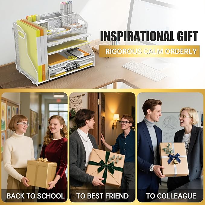 YINGHUA 5 Tier Paper Tray Letter Organizer with Top 6 Adjustable Compartments and File Holder - Paper Sorter Office Desktop Accessories with Handles for Document,Mail,School Supplies Storage,White
