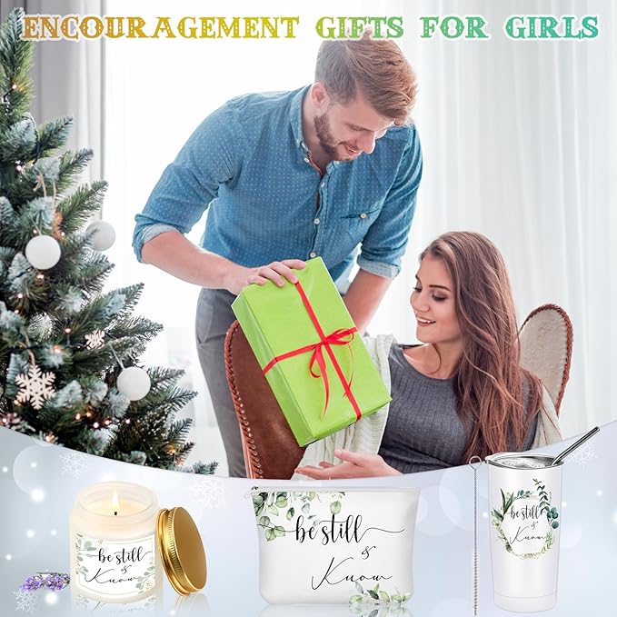 Sieral 3 Pcs Christian Easter Gift Set for Women 20oz Tumbler, Prayer Candle & Bible Verse Makeup Bag, Inspirational Religious Church Faith Birthday Gift for Mothers Day Mom(Be Still and Know)