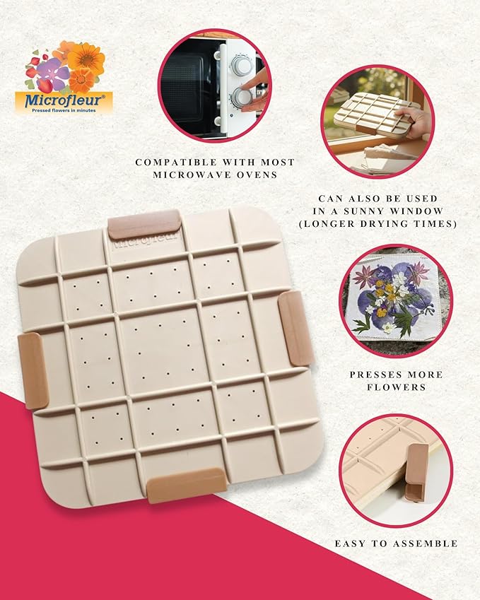 Microfleur Flower Preservation Press Kit, Portable Quick & Easy for Pressed Flowers, Craft Flower Press Kit, Pressing Dry Bouquet & Leaf, Washable Cloth for Lasting Color Fits Most Microwave, 9" 23 cm