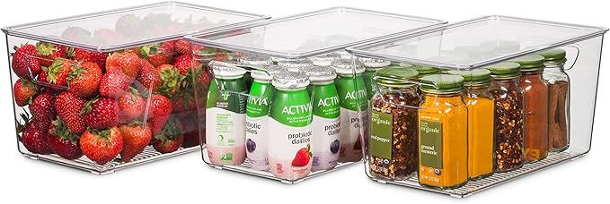 Set Of 12 Refrigerator Organizer Bins with Lids - Plastic Pantry Organization and Storage Baskets - Stackable Food Fridge Organizers with Cutout Handles for Freezer, Kitchen, Countertops, Cabinets