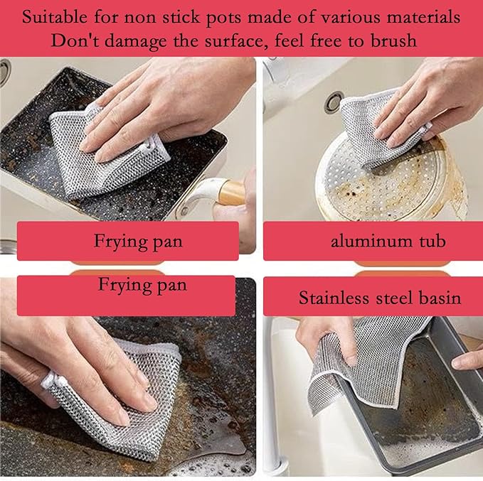 10-Pack Double-Layer Dry/Wet Dual-Use Metal Wire Non-Scratch Cloth Multi-Purpose Magic Cleaning Cloth Silver Wire Dish Cloth for Cookware, Tableware, Sink, Stove Cleaning, etc.(10PCS)