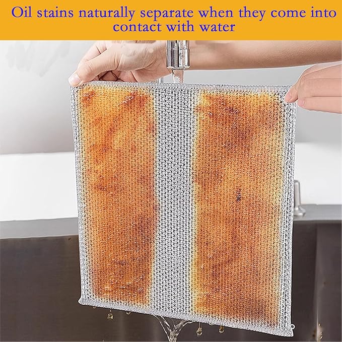 10-Pack Double-Layer Dry/Wet Dual-Use Metal Wire Non-Scratch Cloth Multi-Purpose Magic Cleaning Cloth Silver Wire Dish Cloth for Cookware, Tableware, Sink, Stove Cleaning, etc.(10PCS)