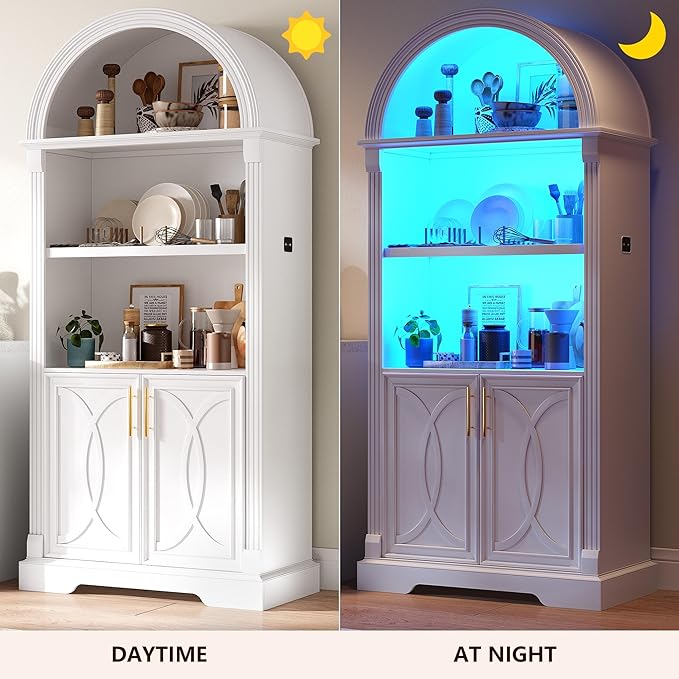 Vlsrka 71" Tall Arched Cabinet, Kitchen Pantry Cabinets, Arched Bookshelf/Bookcase,China Cabinet, Wood Kitchen Storage Cabinets with Open & Adjustable Shelves, Induction 3 Color Lights, White
