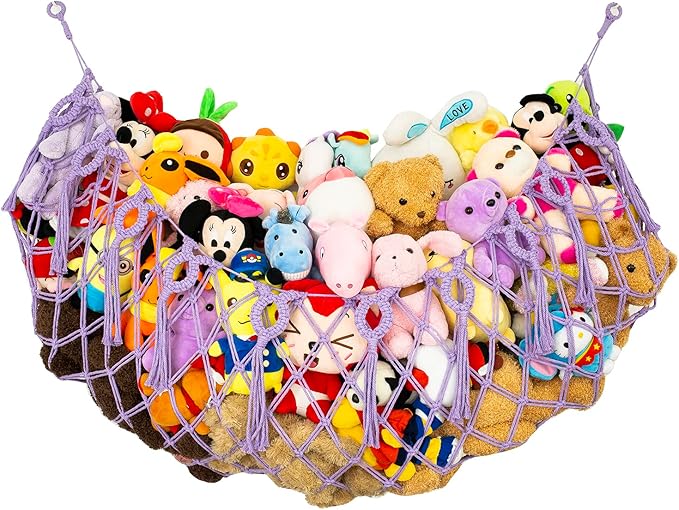 Stuffed Animal Net or Hammock for Flat Wall Hanging Net for Stuffed Animal Storage Handmade Macrame Plush Toy Hammock(Purple)