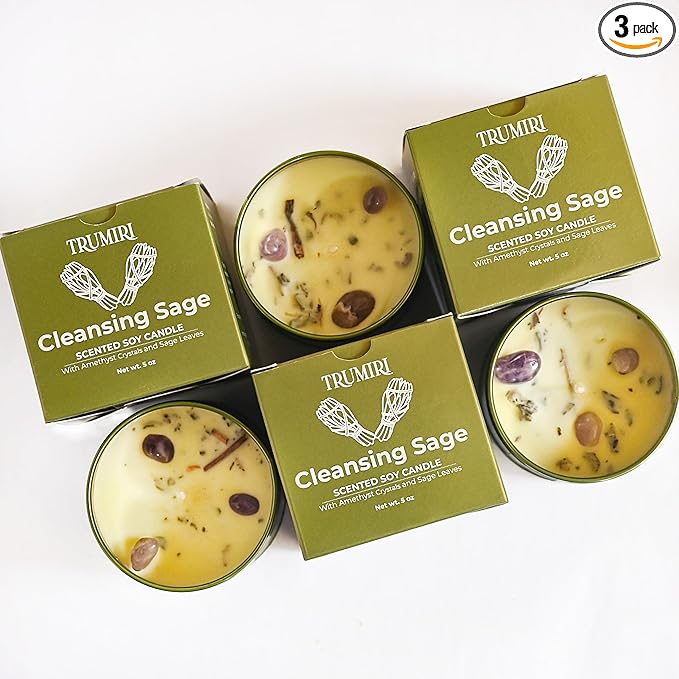 Sage Candle for Cleansing House Negative Energy - Pack of 3 x 5oz Soy Wax Natural Clean Organic Non Toxic - Aromatherapy Spiritual Meditation Gifts - Long Lasting Highly Scented Candel with Crystals
