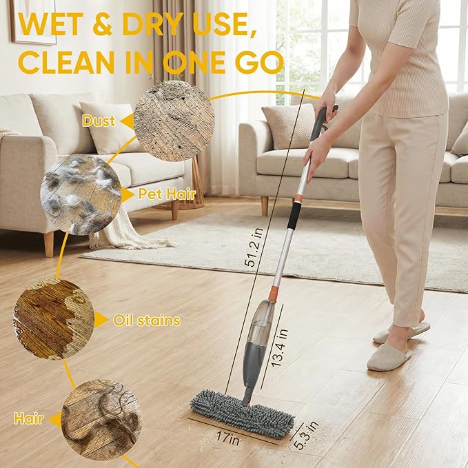 3-in-1 Upgraded Spray Mops for Floor & Window Cleaning with 3pcs Pads - Broom/ Mop/ Window Squeegee, Wet Dry Microfiber Mop with 520ml Bottle for Kitchen Wood Floor Hardwood Ceramic Tile Dust Cleaning