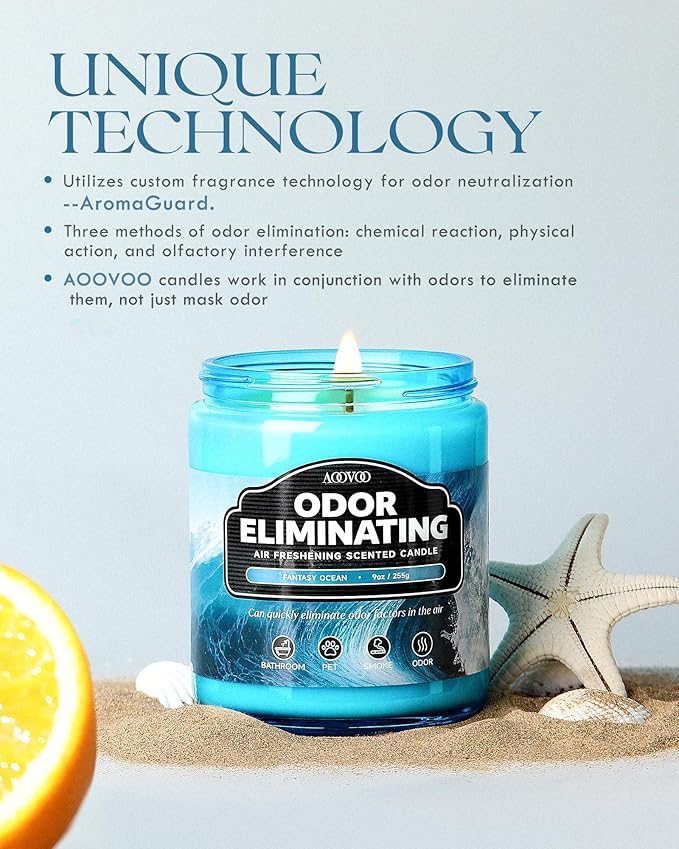 AOOVOO Fantasy Ocean Odor Eliminating Highly Fragranced Candle - Eliminates 95% of Pet, Smoke, Food, and Other Smells Quickly, Non Toxic Air Freshing Soy Candle, 9 oz Up to 50 Hours Burn time