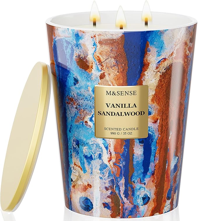 M&SENSE Large Soy Vanilla Sandalwood Scented Candle, 35oz 150 Hours 3-Wick Non-Toxic Candles, Warm Cozy Housewarming Gift, Mothers Day Decor for Home Relaxation