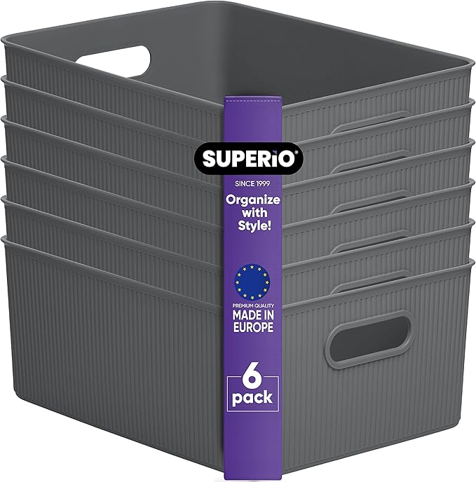Superio Ribbed Collection - Decorative Plastic Basket Open Home Storage Bins Organizer, Large Grey (6 Pack) Container Boxes for Organizing Closet Storage Bins for Shelves 15 Liter/16 Quart