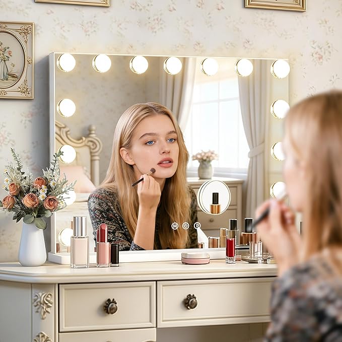 Ratsamee 23" x 18" Hollywood Vanity Mirror with Lights, 15 Dimmable Bulbs, 3 Color Lights, Make Up Lighted Mirror, USB Charging Port, Gifts for Women Wife Teengirls