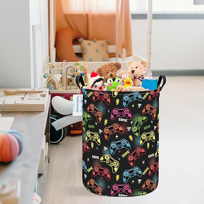 LANGYASHAN Laundry Basket Canvas Fabric Collapsible Organizer Basket for Storage Bin Toy Bins Gift Baskets Bedroom Clothes Children Nursery Hamper (Game)